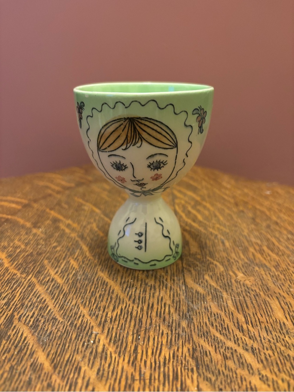Green Hand-Painted Ceramic Decorative Egg Cup - Artful Face Design